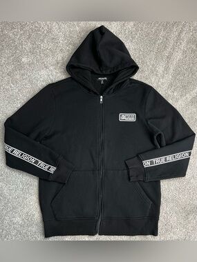 Black True Religion Patch Zip-up Men’s Hoodie Sz S #E Branded Tape Detailing